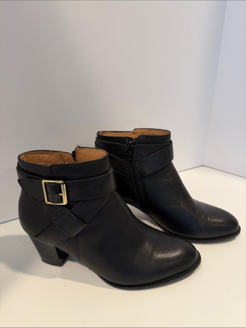 Vionic Black Leather Ankle Booties with Wrap Strap and Gold Buckle